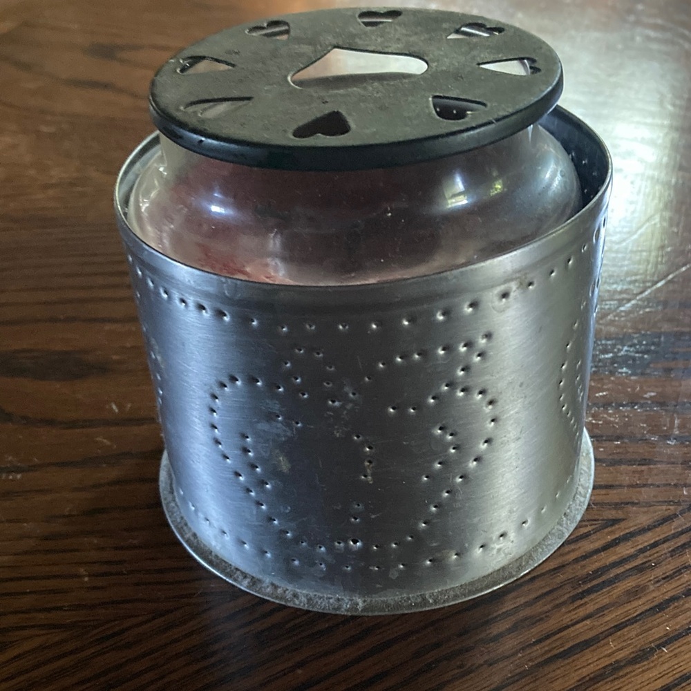 Punched tin candle holder with smoke lid apple design and hearts